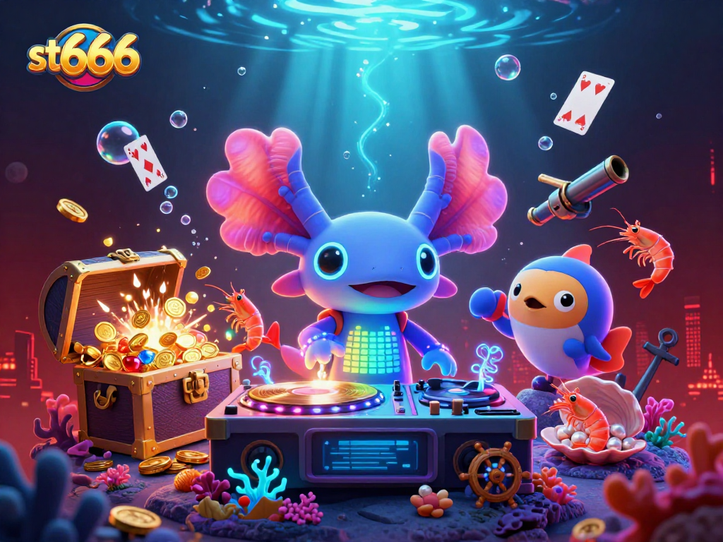Join the excitement at st666 with vibrant characters in an underwater casino scene packed with treasures and games.