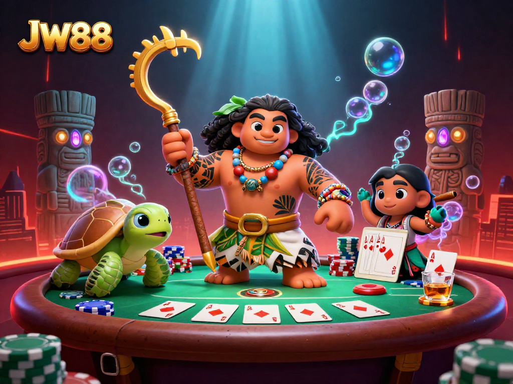Experience thrilling poker action with JW88 in a vibrant cartoon 3D casino scene.