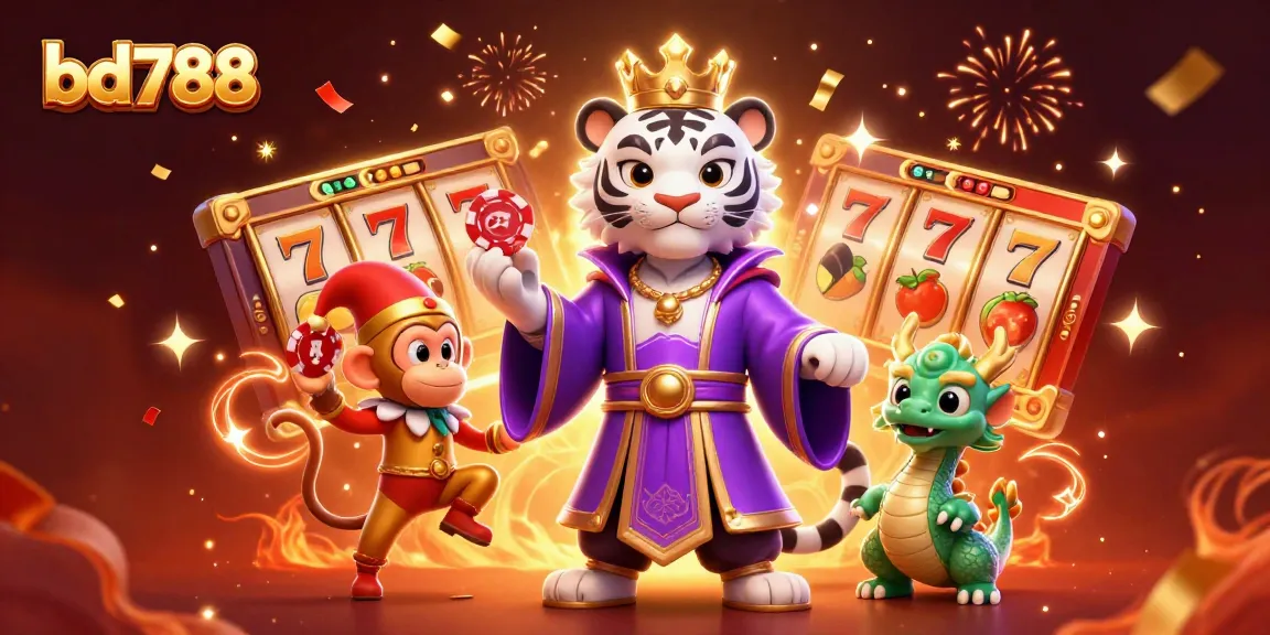 Engage with bd788 slots as a white tiger, monkey, and dragon celebrate with jackpot symbols and confetti.