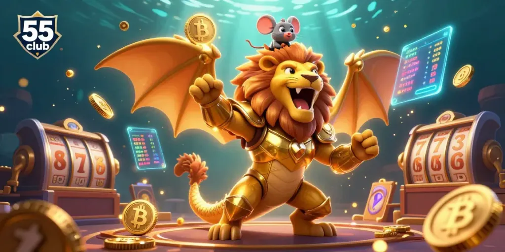 Experience the thrill of the 55 club with a dynamic, vibrant 3D casino illustration featuring a roaring chimera and vivid gaming elements.