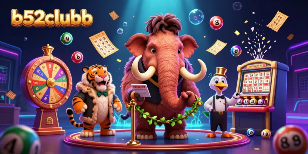 Engage with b52clubb's exciting 3D illustration showcasing a woolly mammoth checking IDs amidst colorful lottery elements.