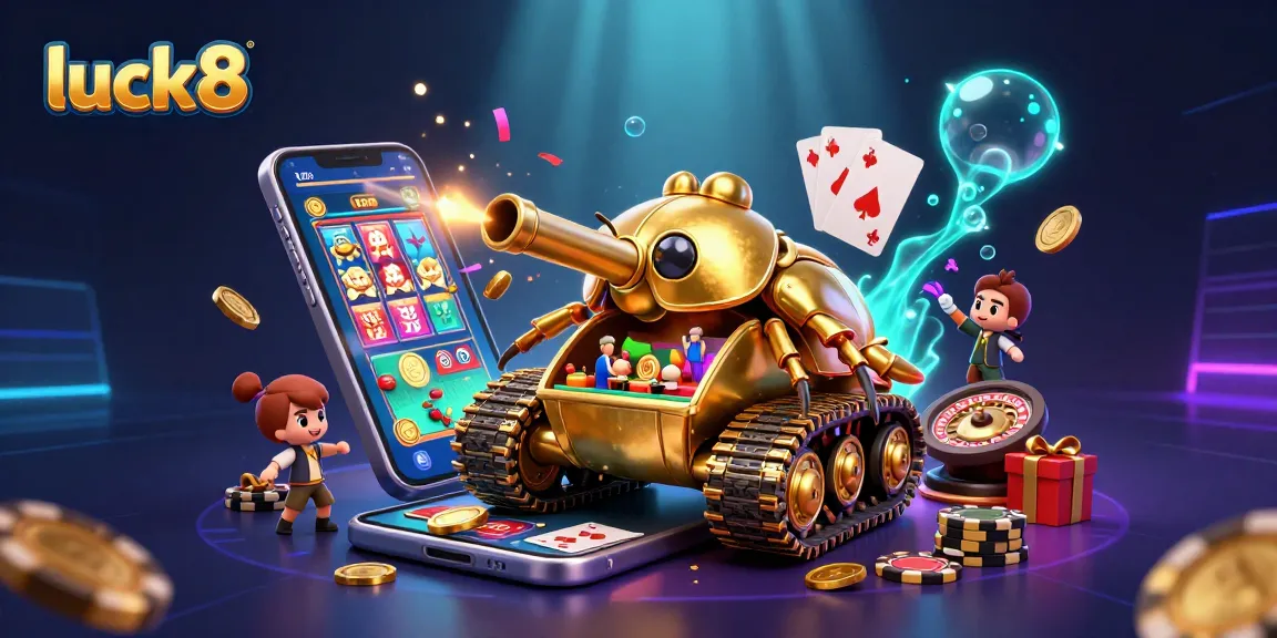 Experience luck8 casino excitement with a golden beetle tank, tiny players, and festive confetti!