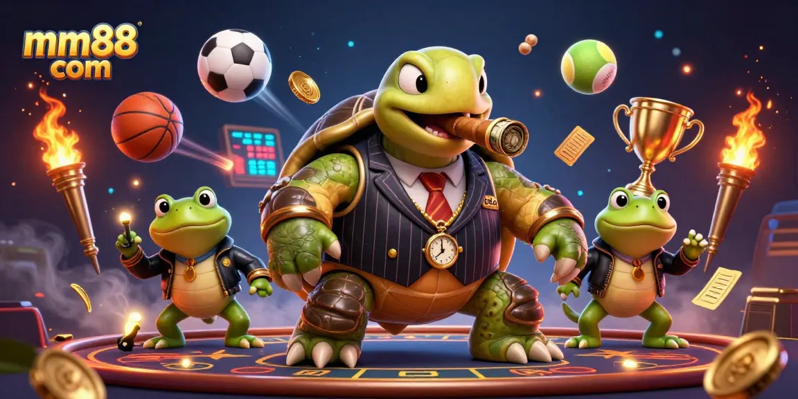 Bet on mm88 com in an energetic scene with a turtle and bullfrog enforcers, showcasing vibrant gambling elements.