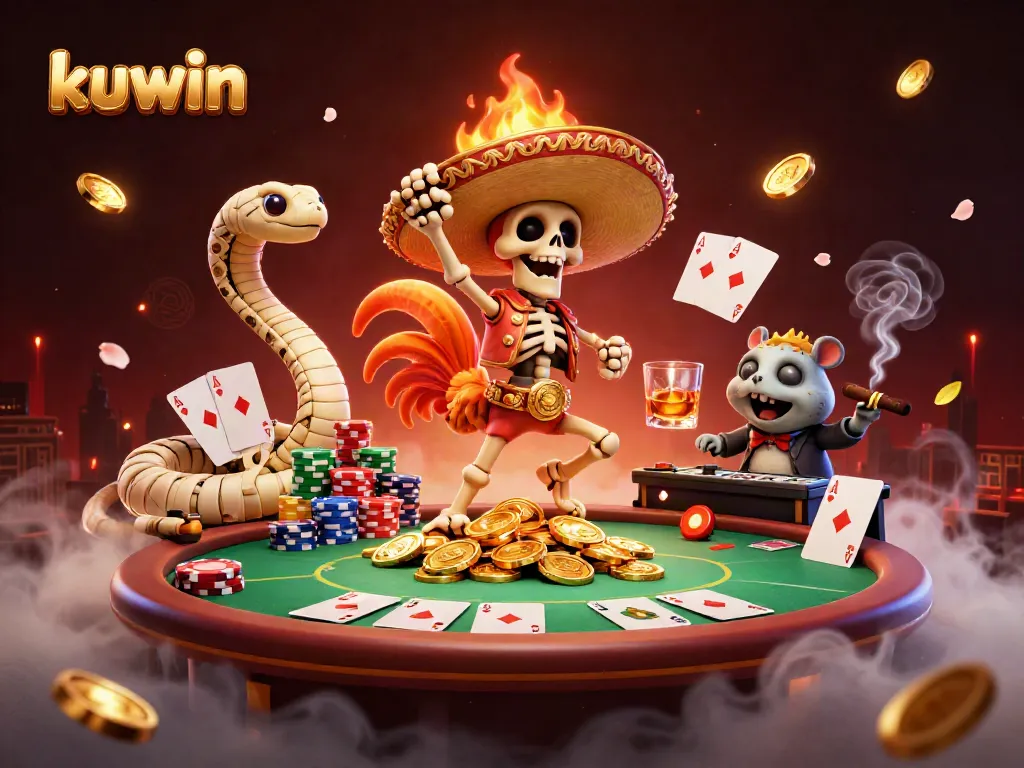 Engage in thrilling gaming with kuwin, featuring a mariachi rooster dancing on gold coins, poker elements surrounding.