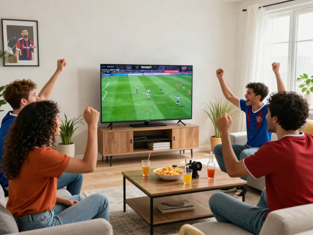 Cheering friends enjoying live sports on Gavangtv in a lively atmosphere.