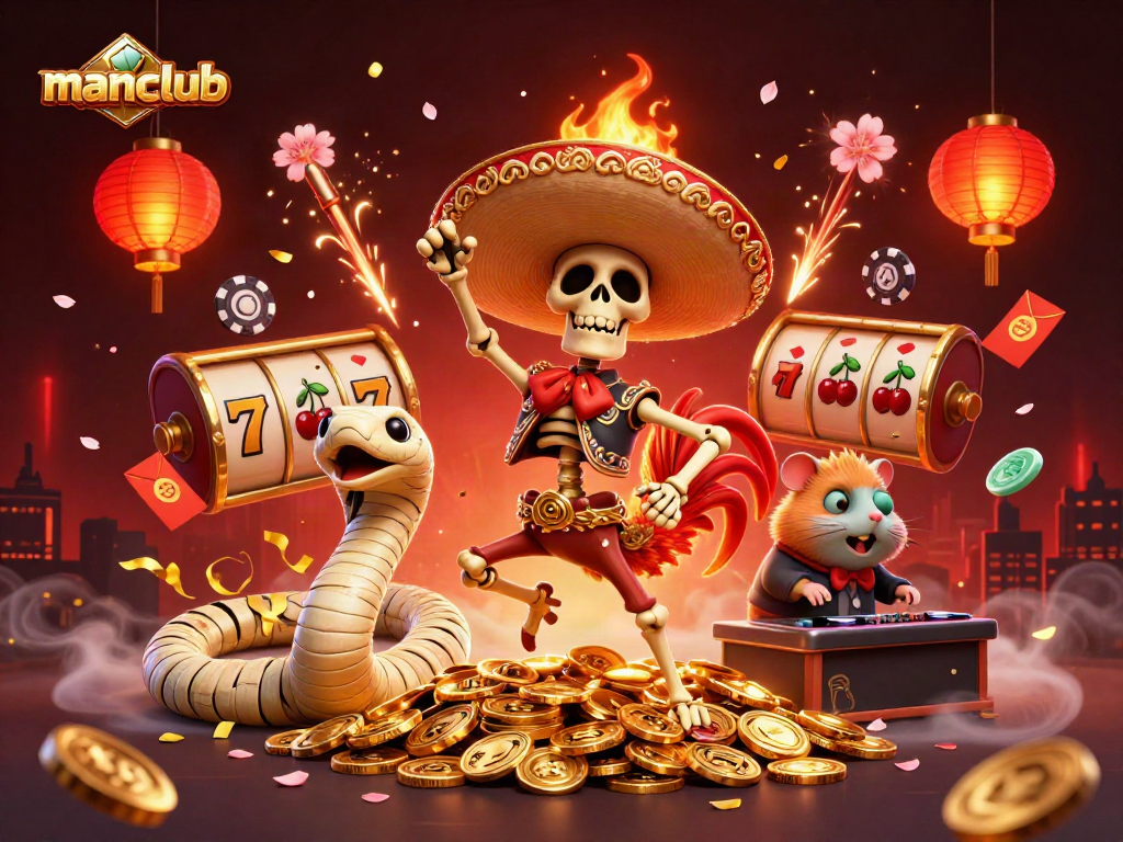 manclub's vibrant gaming scene with a victorious rooster and dynamic casino elements.