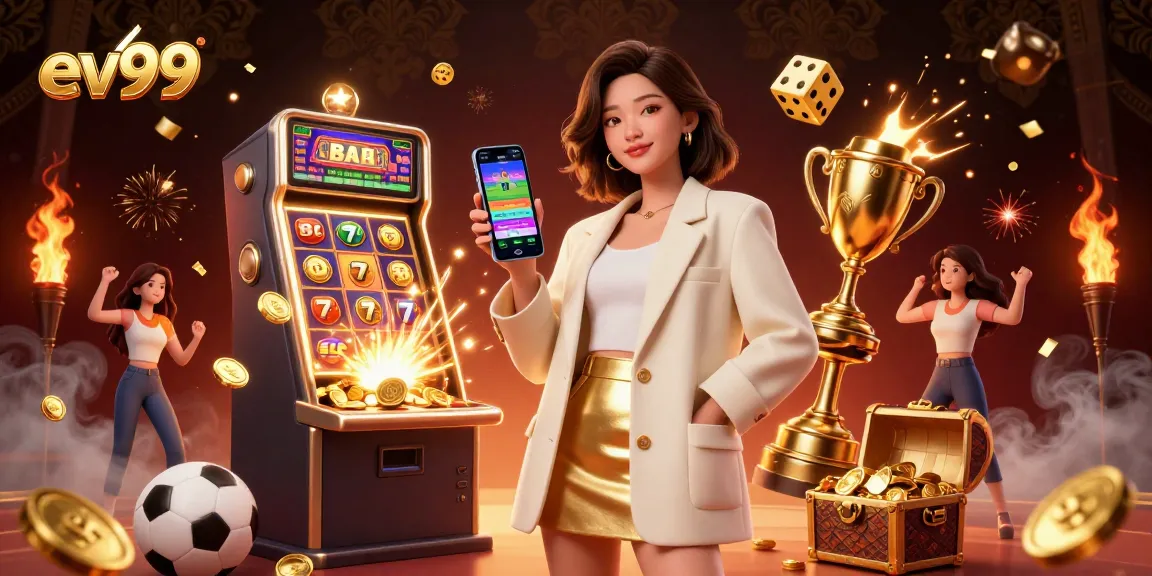 Wager on the excitement with ev99 as the Asian woman engages with a sports betting app, surrounded by dynamic casino elements.