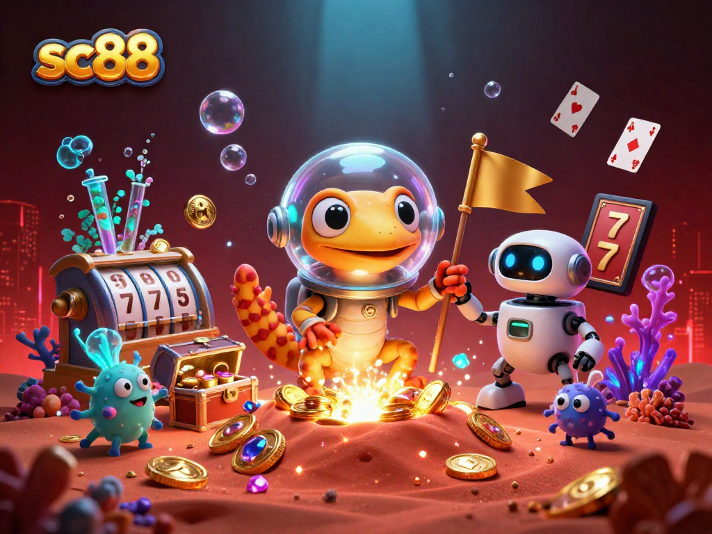 Engage with sc88 at a captivating Martian casino scene featuring vibrant characters and treasures.
