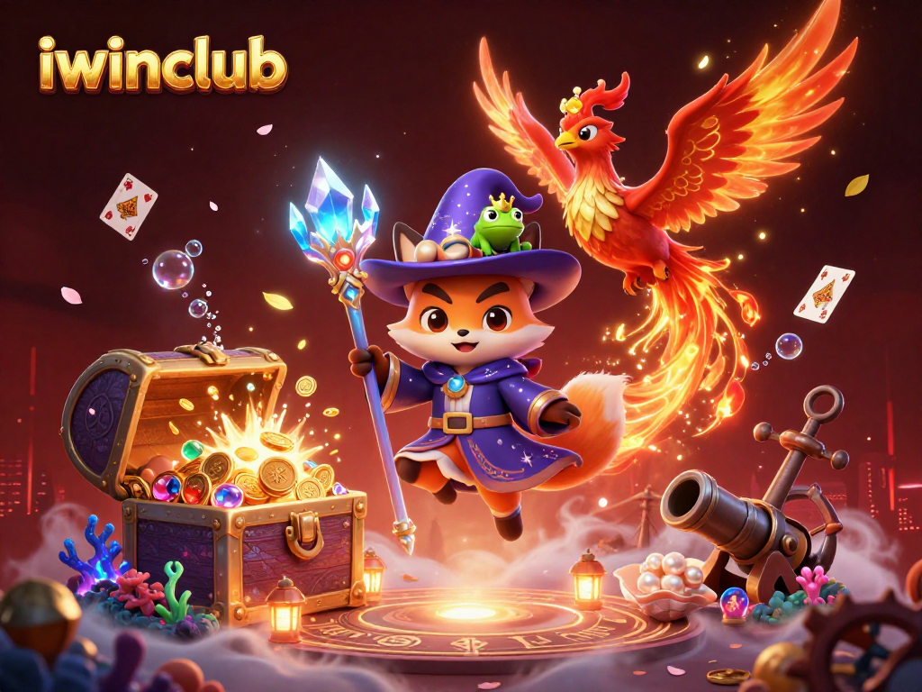 iwinclub gaming adventure with a mystical wizard fox, fiery phoenix, and enchanting frog amidst vibrant treasures.