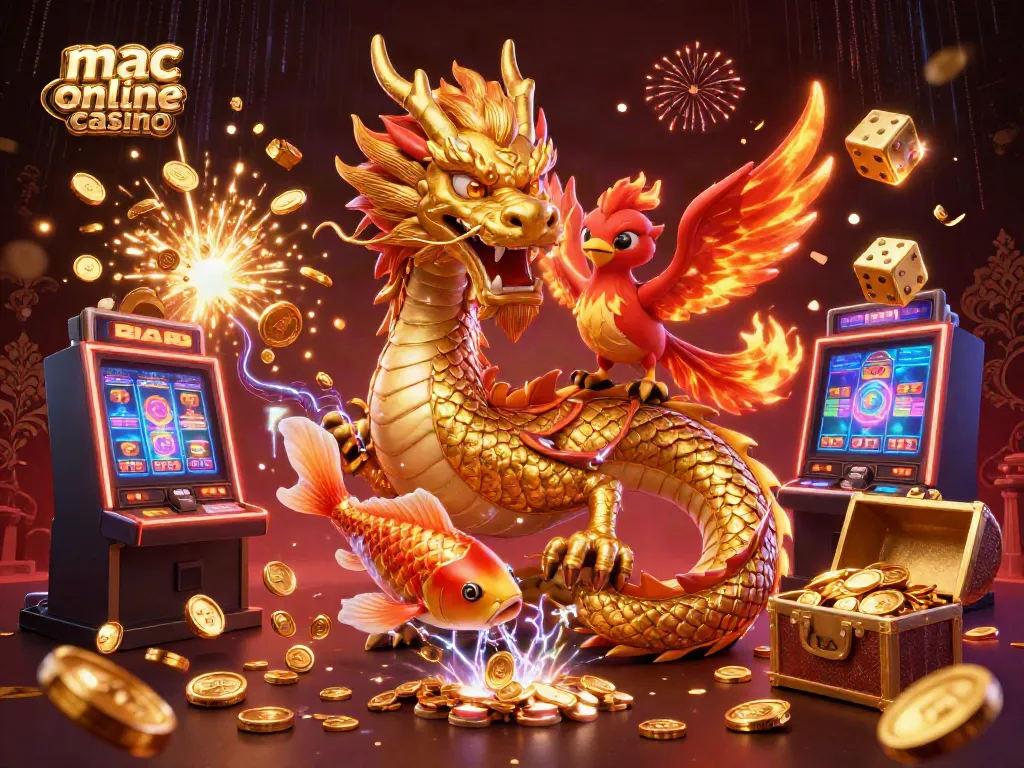 Experience the thrilling action of mac online casino with a vibrant dragon, phoenix, and koi scene.