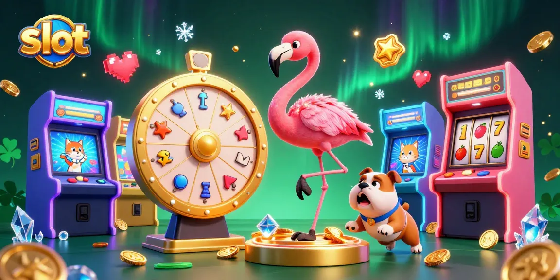Spin the slot reels with a charismatic flamingo and enthusiastic bulldog in this vibrant casino illustration.