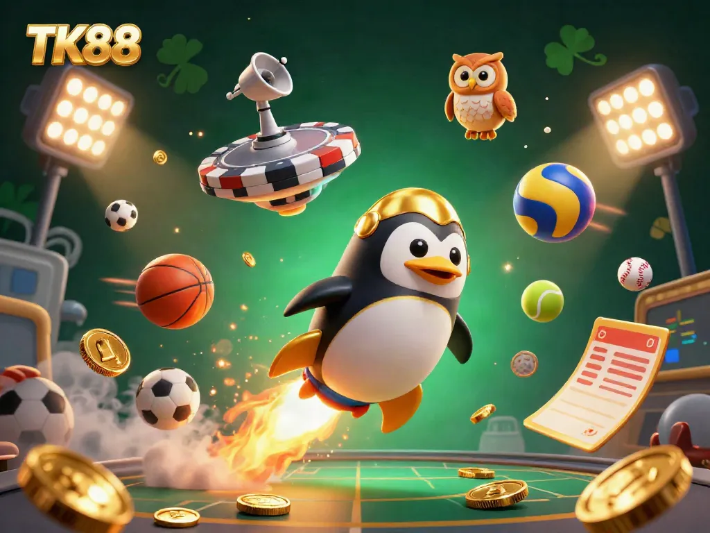 Experience the thrilling universe of TK88 with a golden penguin soaring through a casino-themed cosmos, surrounded by sports elements and excitement.