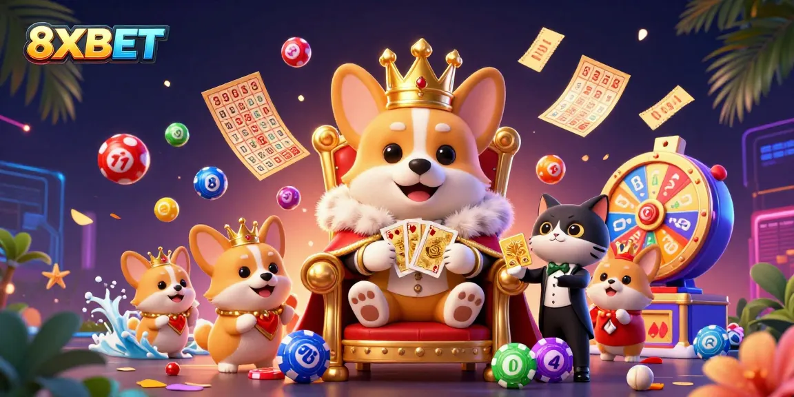 Experience exciting games and rewards at 8XBET with vibrant casino elements in a lively scene.