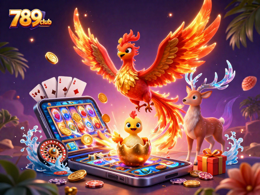 Experience the vibrant action of 789club with a phoenix, baby chick, and mystical stag amidst dynamic casino elements.