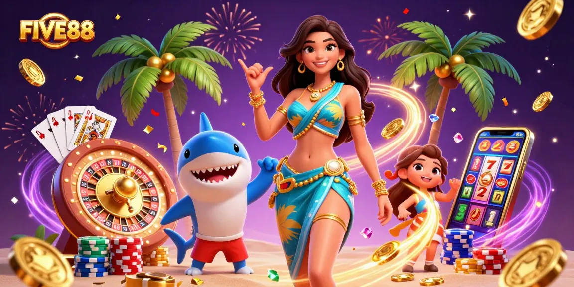 Experience the excitement of FIVE88 with a glamorous scene of casino elements and vibrant characters.