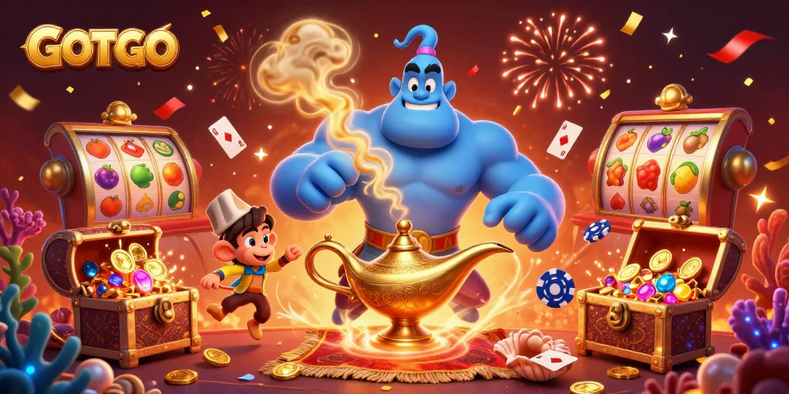 Terlibat dengan suasana kasino dinamis GOTOTO yang menampilkan jin, harta karun, kartu poker, dan elemen kasino yang meriah.