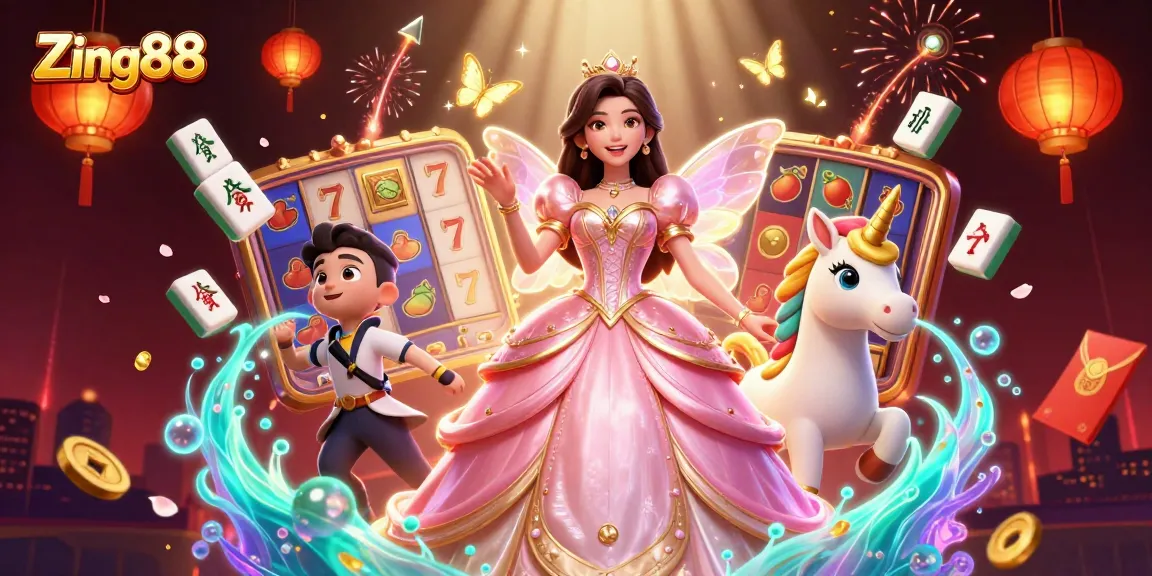 Zing88 brings excitement to gameplay with a magical scene of slot game action featuring vibrant characters and decorations.