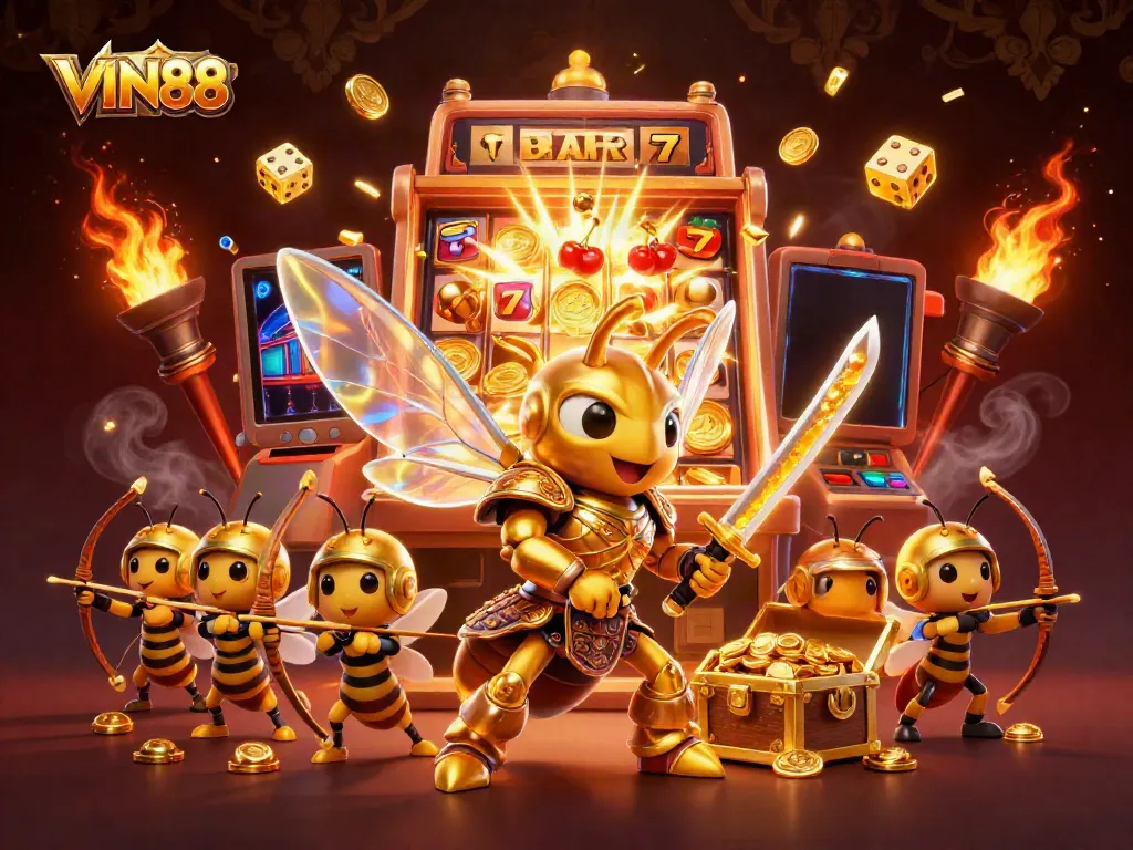 Play exciting games at Vin88 with vibrant casino elements and a dynamic 3D scene.