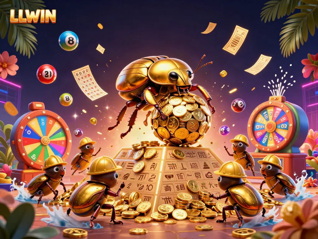 LLWIN brings excitement with dynamic golden beetles rolling coin jackpots in a vibrant casino scene.