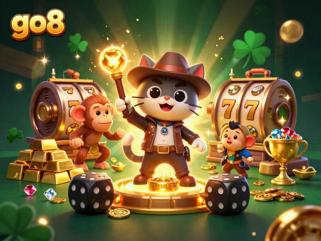 Go8 explores a vibrant casino scene with slot reels, gold treasures, and animated characters.