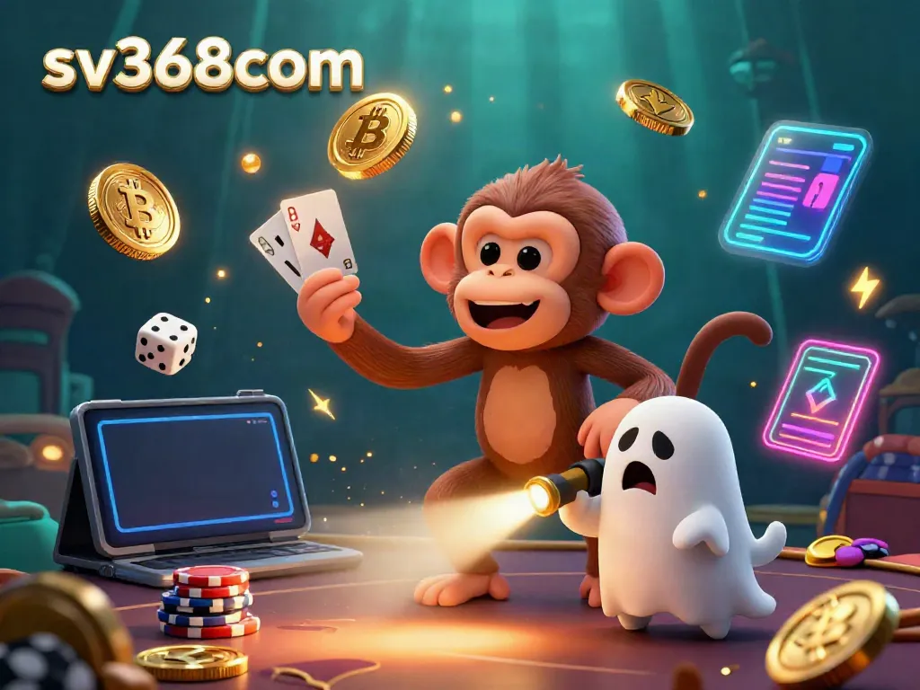 Join the fun at sv368com with a lively scene of a ghostly monkey juggling coins in a haunted casino.