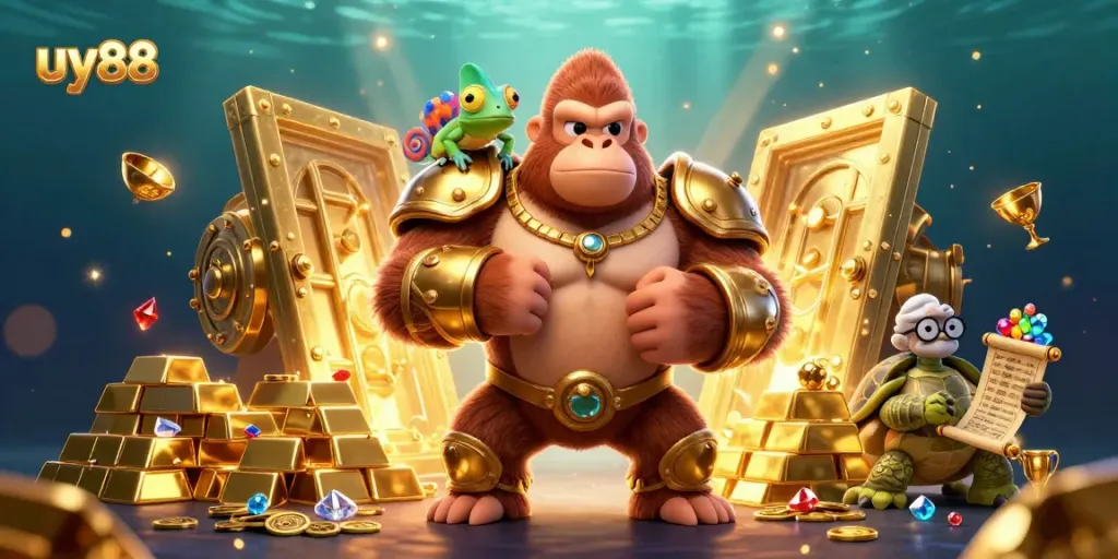 Engage with the thrilling realm of uy88 featuring a king gorilla, chameleon, and tortoise amidst treasures.