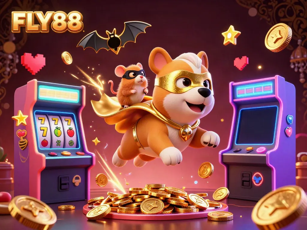 FLY88 superhero dog and hamster fly with gold coins amidst vibrant casino game elements.