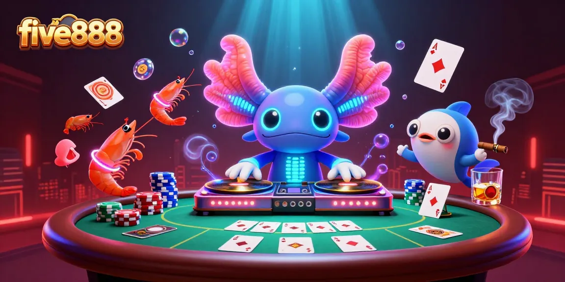 Engage with five888 through vibrant casino action featuring a neon axolotl DJ.