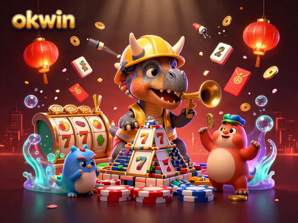 Celebrate winnings at okwin with vibrant casino elements amidst dynamic characters and lively decorations.