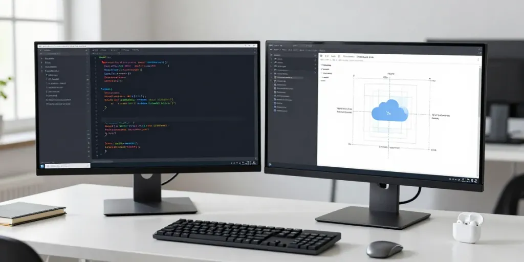 The image features a developer workspace showcasing the .co.uk renewal price amidst software development tools and cloud technology.