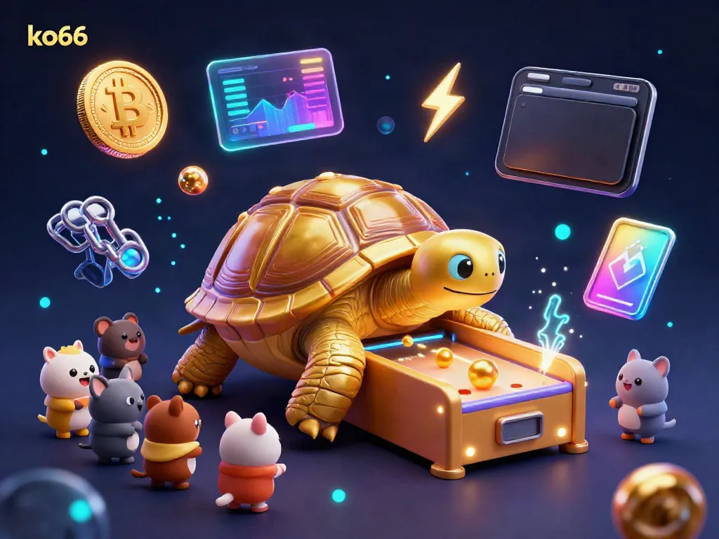 Experience thrilling gaming at ko66 with a golden tortoise pinball machine surrounded by vibrant crypto elements.