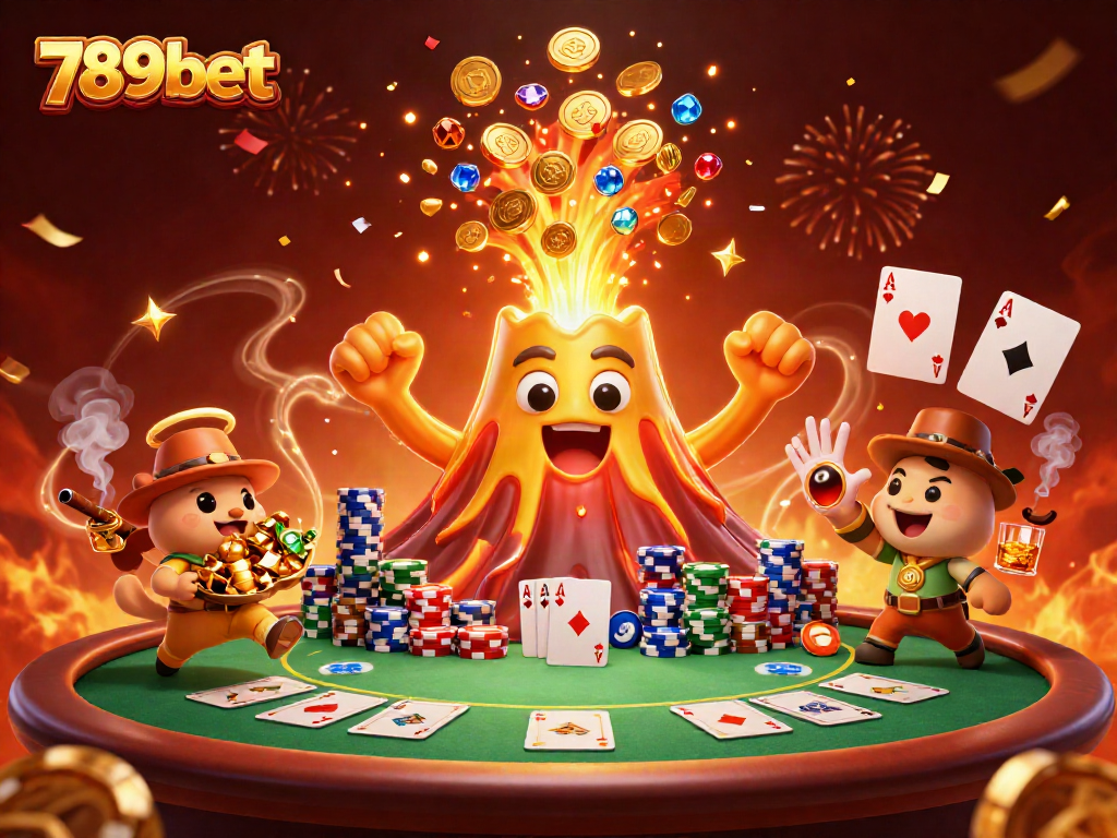 Experience thrilling gameplay with 789bet's engaging cartoon casino scene featuring a golden volcano!