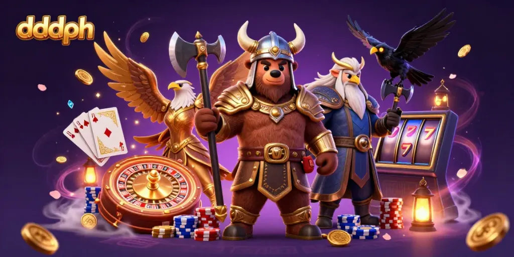 Engage with dddph online casino through an action-packed illustration featuring dynamic gambling elements.