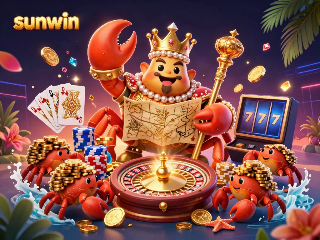 Win big with sunwin's dynamic play featuring a golden crab emperor amidst colorful casino elements.