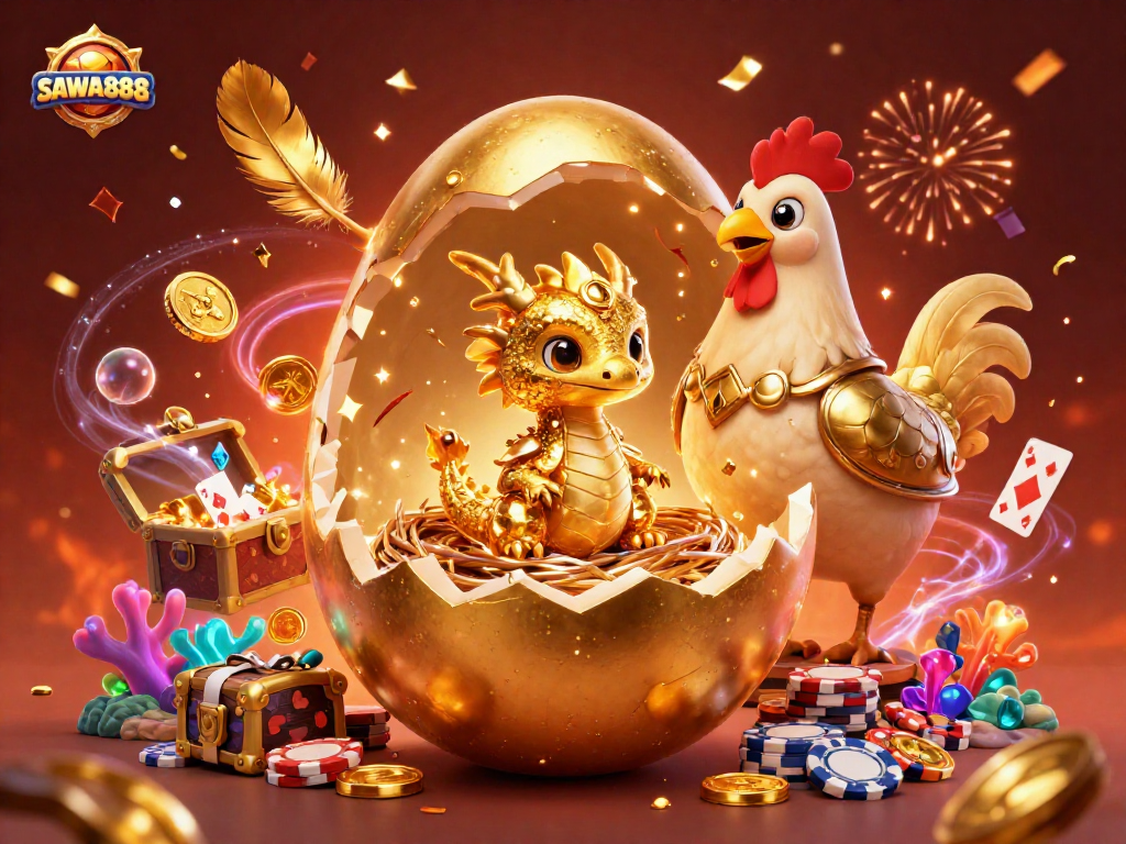 Experience big wins at SAWA888 with vibrant 3D golden dragon and poker chips in a dynamic casino scene.