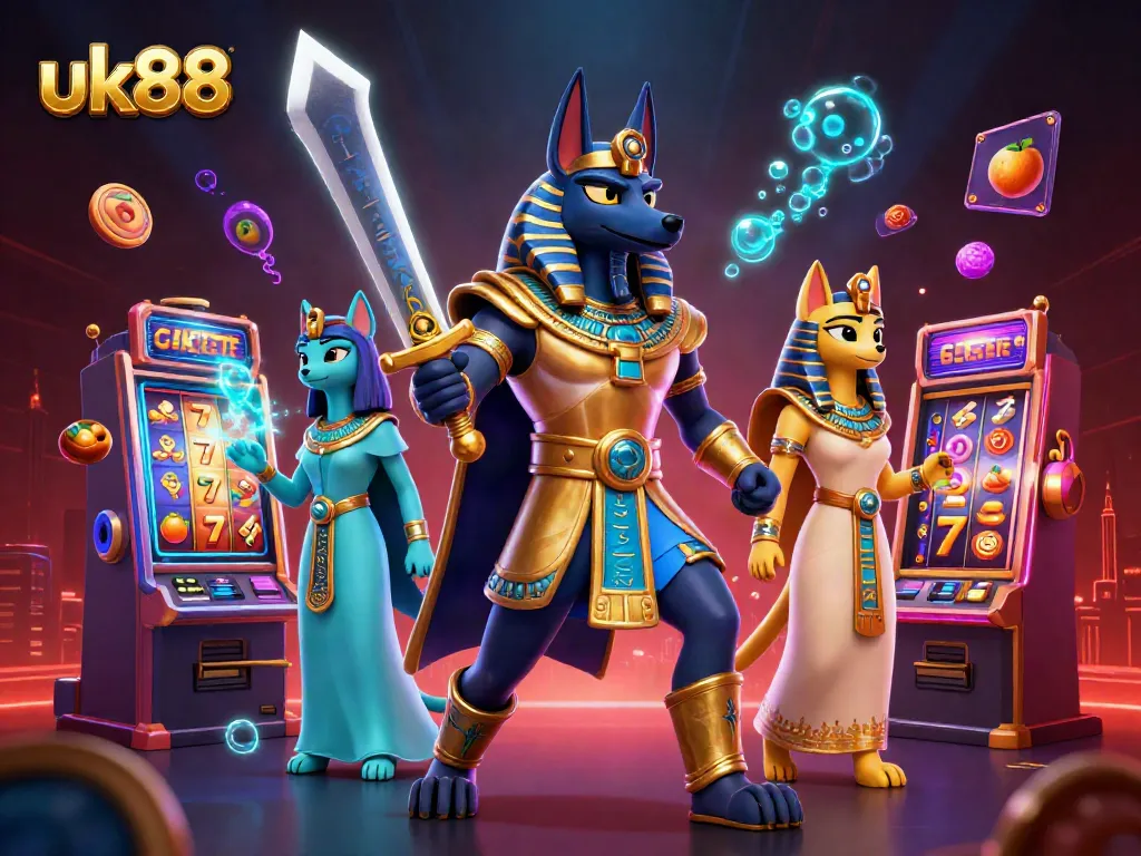 Spin to win at uk88 with the ancient Egyptian Anubis, surrounded by vibrant slot machines and glowing treasures.