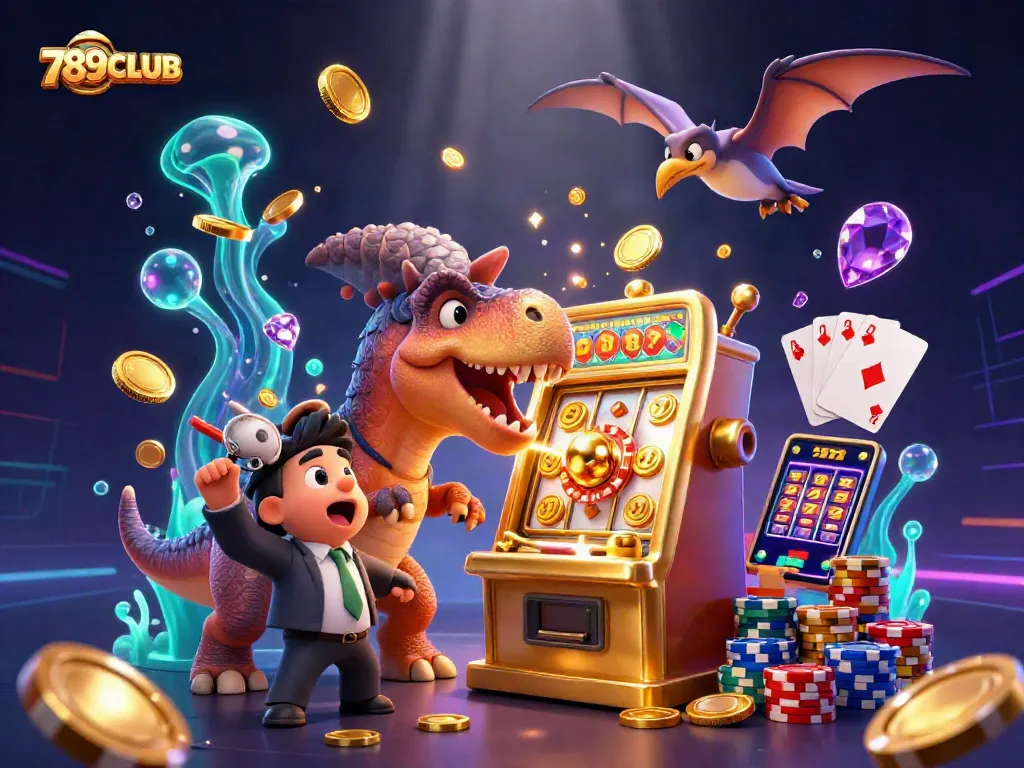 Experience the thrill at 789CLUB, where a dinosaur heads for the jackpot amidst golden coins!