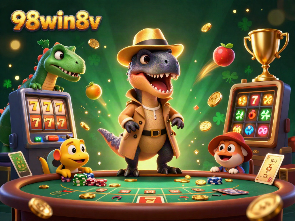 Experience thrilling wins at 98win8v with a stylish velociraptor at the blackjack table amidst casino excitement.