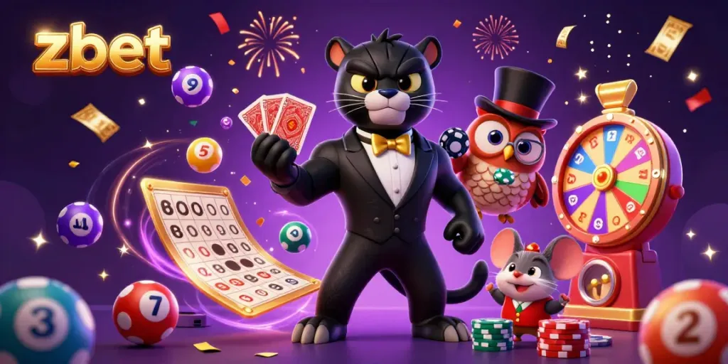 ZBET brings excitement with a stylish panther dealing cards, an owl with poker chips, and a lucky mouse in a vibrant casino scene.