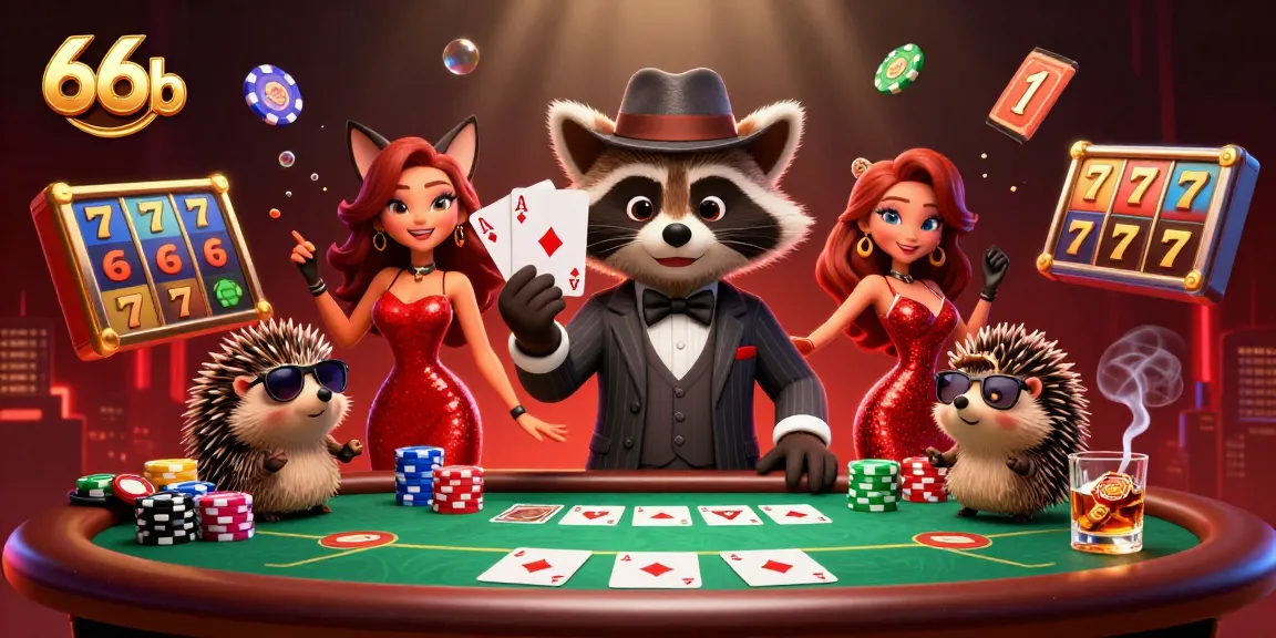 Engage with 66b at a vibrant casino scene featuring characters and poker elements.