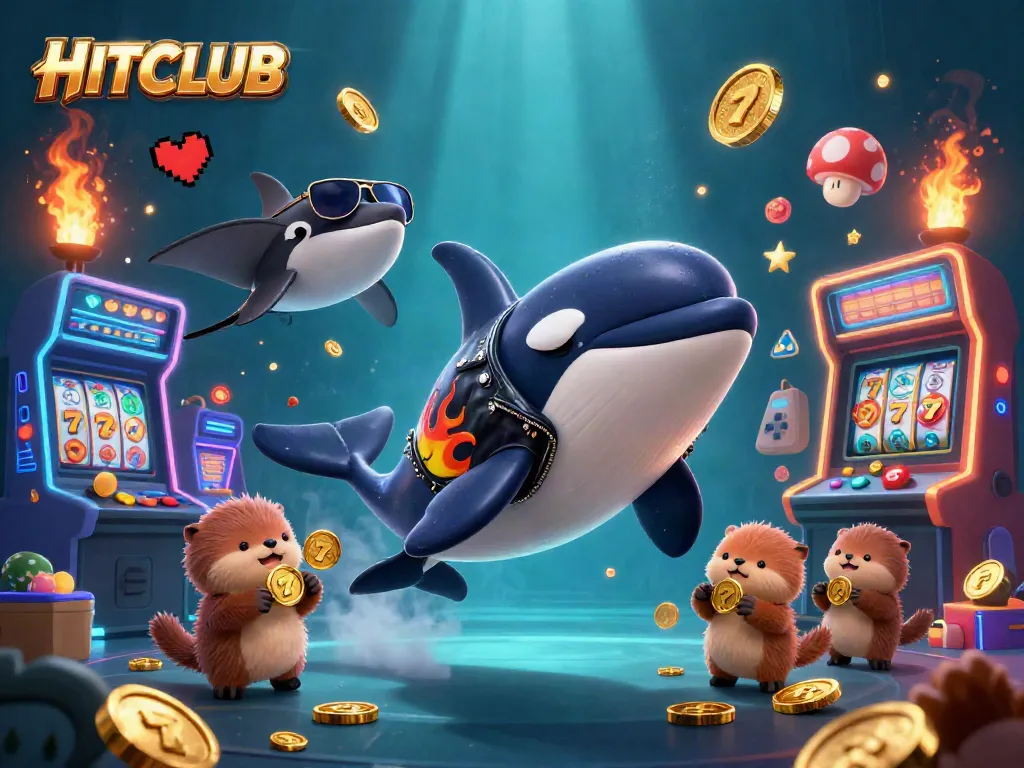 HITCLUB showcases vibrant characters and winnings with casino elements in a dynamic underwater scene.