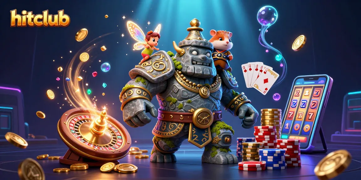 Hitclub showcases a vibrant 3D digital casino scene filled with sparkling treasures and animated characters.