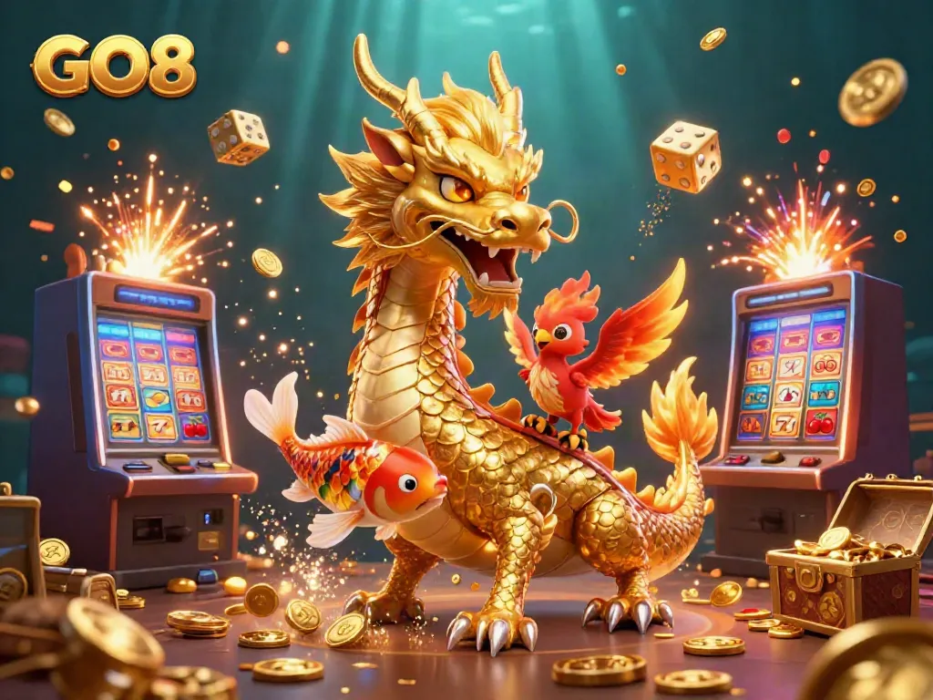 Experience the thrill of the GO8 slots with a vibrant scene of dragons, coins, and dynamic casino elements.
