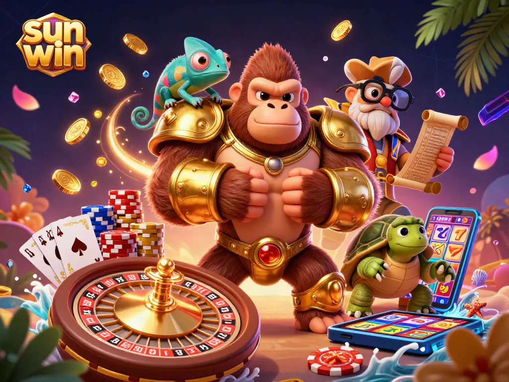 Engaging illustration capturing the sun win experience with circus elements including a gorilla king and gambling elements.