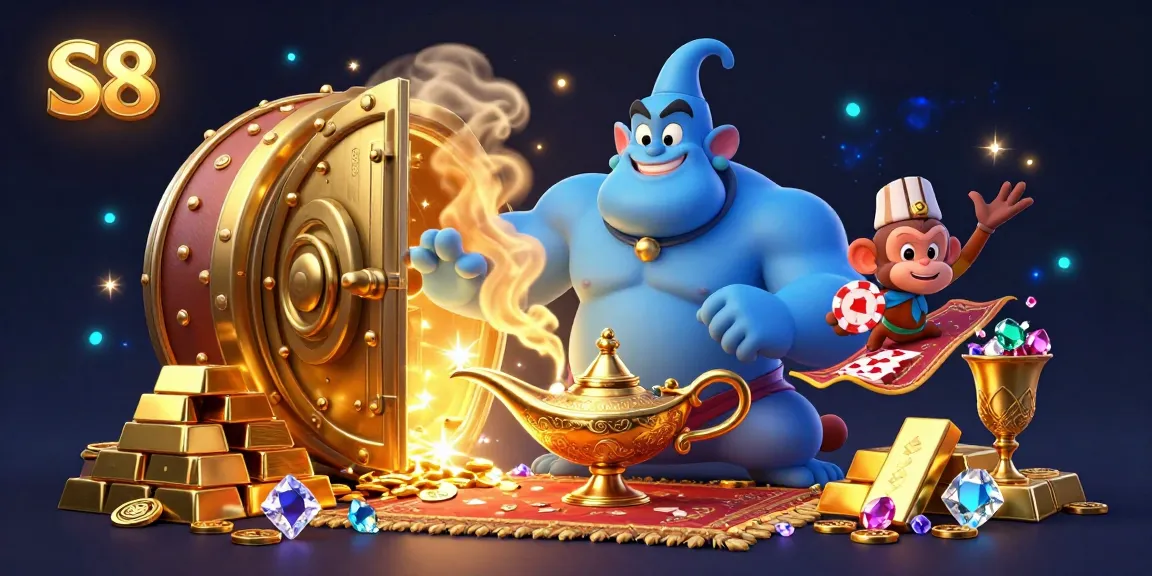 S8 captures thrilling moments in a vibrant casino ambiance, featuring a genie and magical elements.