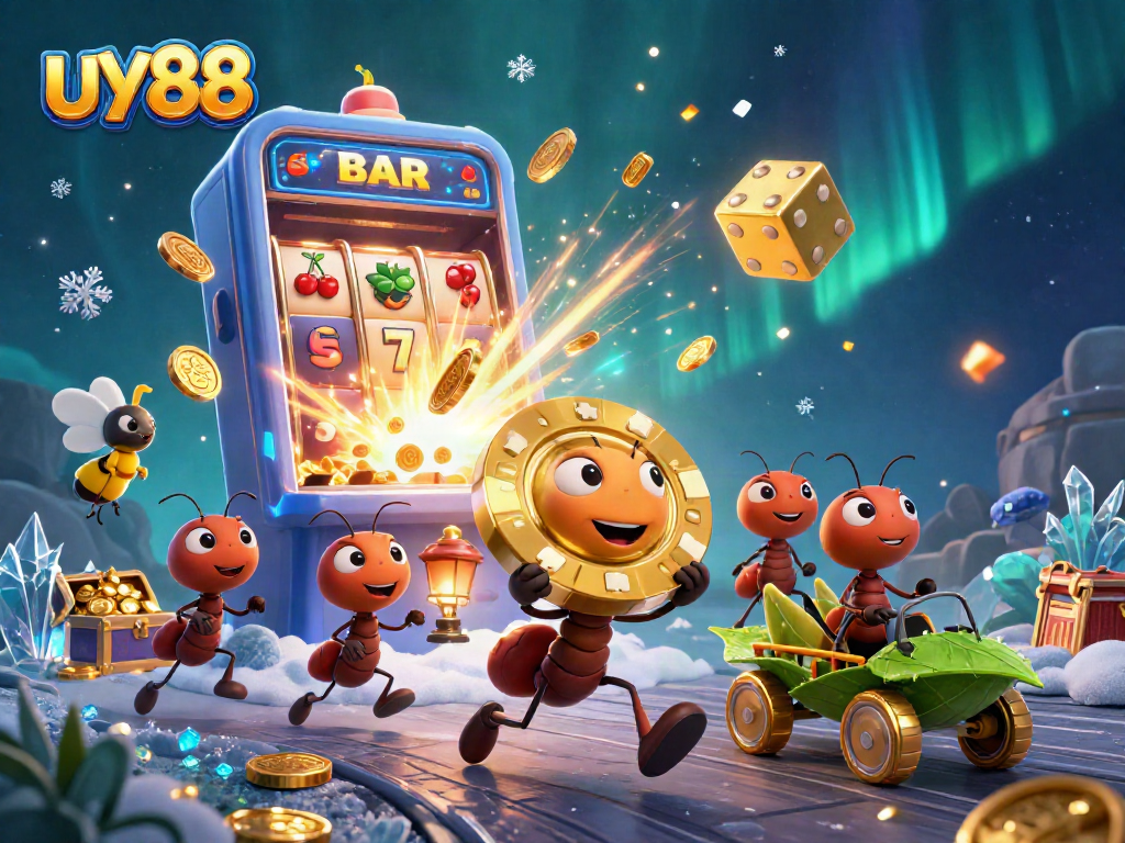 Join the uy88 team of cartoon ants in an epic casino heist with golden poker chips and jackpot excitement!