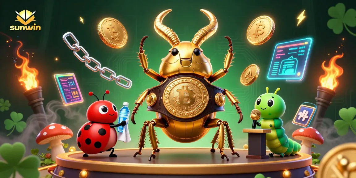 Experience the thrill at sunwin with a dynamic illustration showcasing a golden stag beetle champion in an exciting gambling arena.