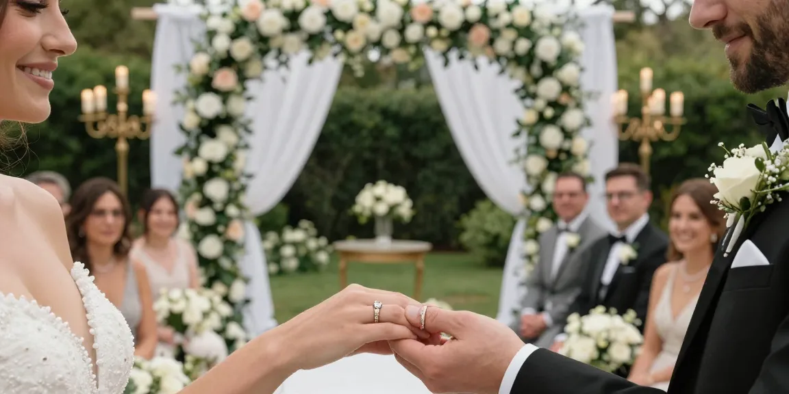 Luxury wedding rings shining during a romantic outdoor ceremony.