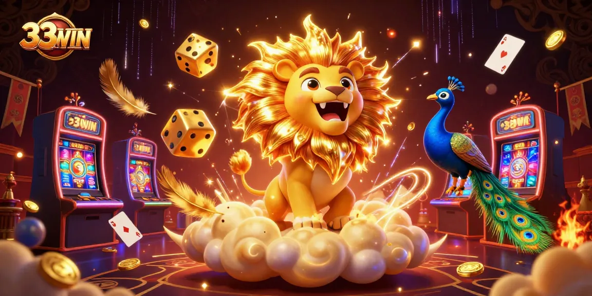 Win big with 33WIN at our dynamic casino, featuring golden dice and vibrant games.