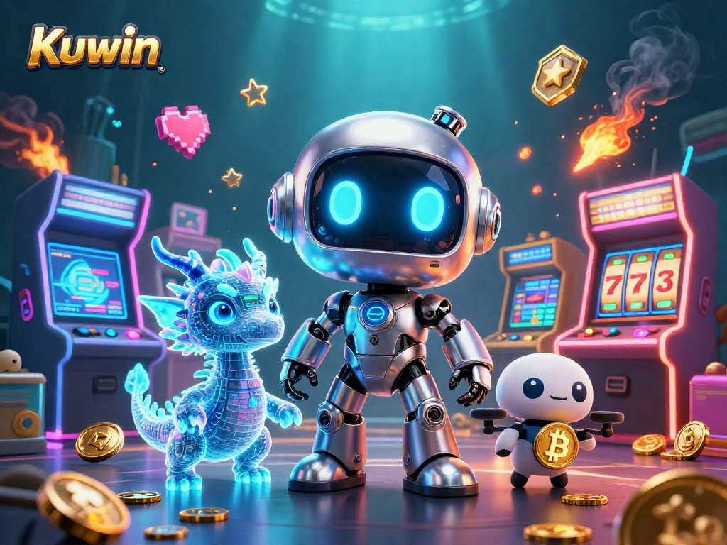 Kuwin showcases a dynamic cyberpunk scene with slots and a bitcoin symbol, enhancing the casino experience.